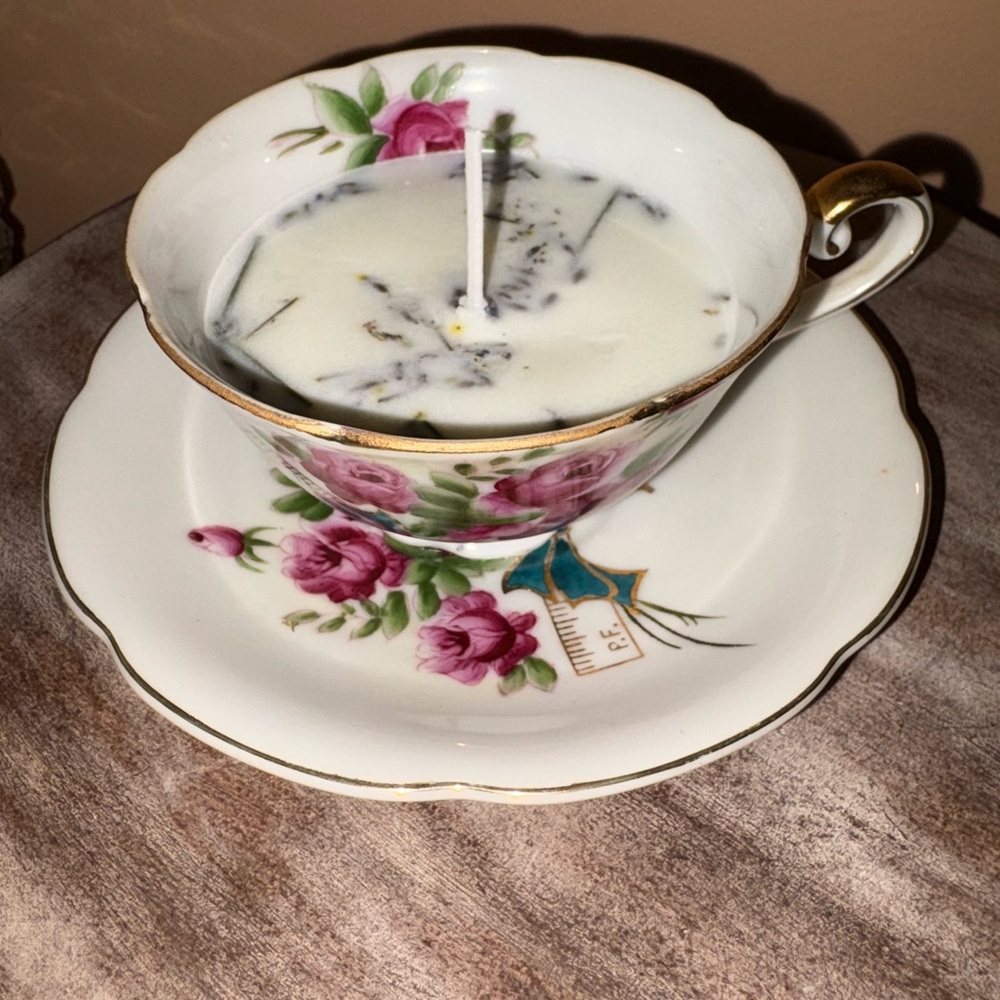 Floral China Teacup & Saucer Set - Repurposed- Soy Candle - Handmade - lavender